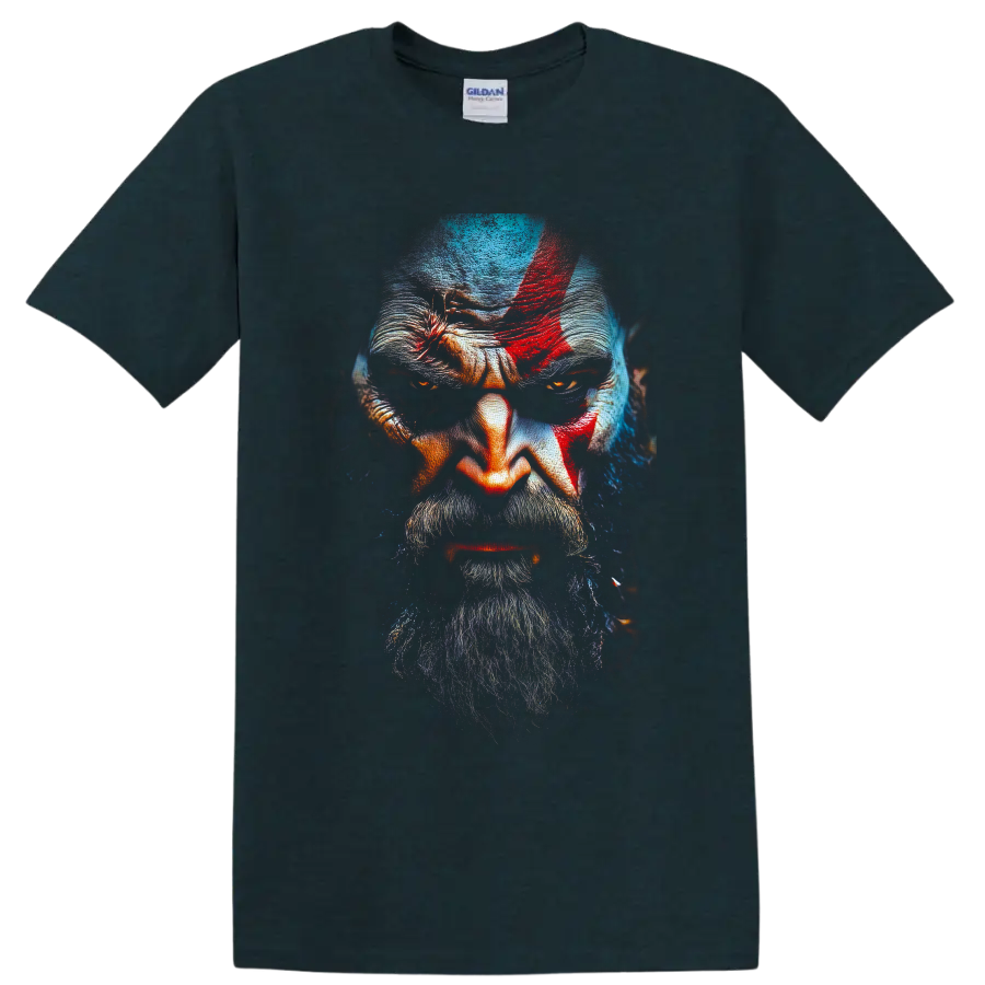 Kratos God of War close-up portrait with red mark, beard, and dark painted lighting on a Midnight (Green) T Shirt