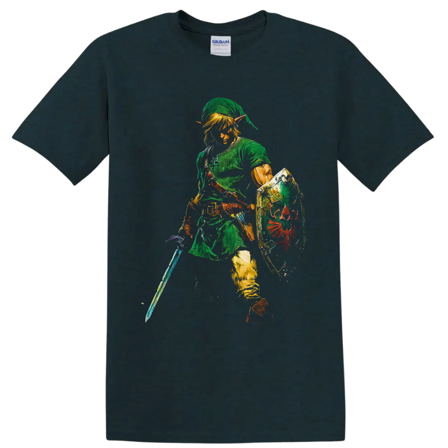 Link in green tunic with sword and crest shield, textured fantasy game art on a Midnight (Green) T Shirt