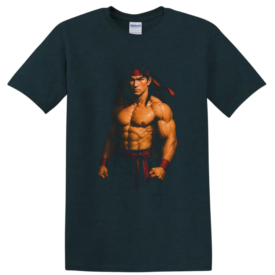 Liu Kang Mortal Kombat martial arts portrait with red headband and wrist wraps on a Midnight (Green) T Shirt