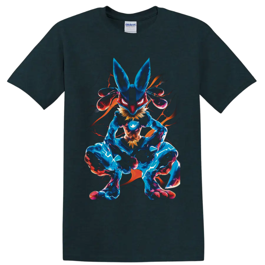 Lucario crouched in neon blue and magenta aura fighter artwork on a Midnight (Green) T Shirt