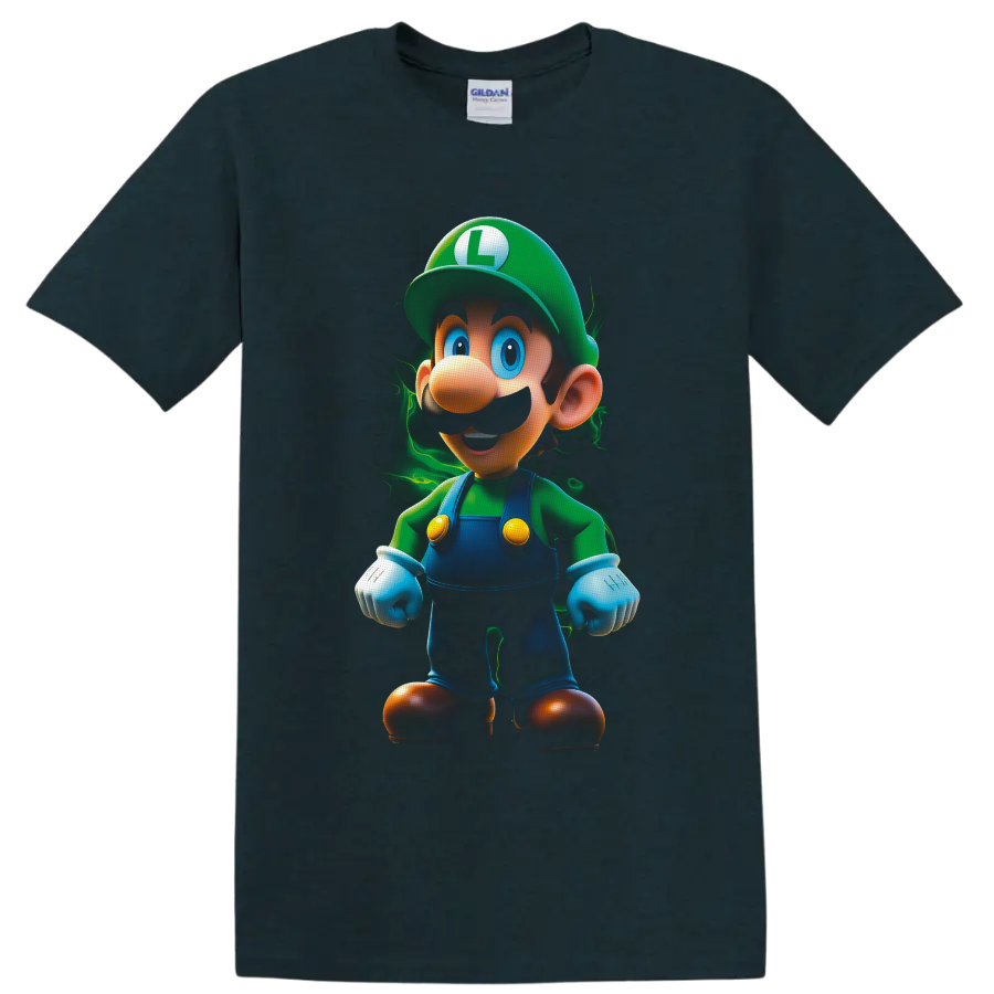 Luigi Super Mario cartoon character with a glowing green electric aura on a Midnight (Green) T Shirt