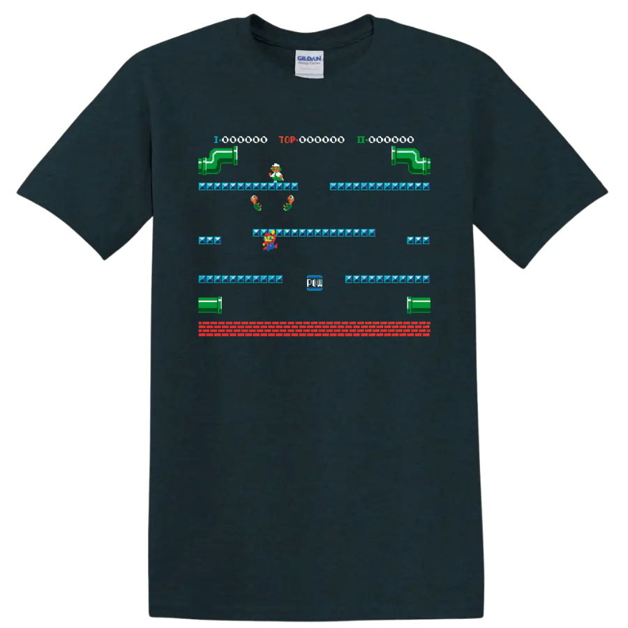 Mario Super Mario Bros. 3 pixel platform level with warp pipes and block platforms on a Midnight (Green) T Shirt