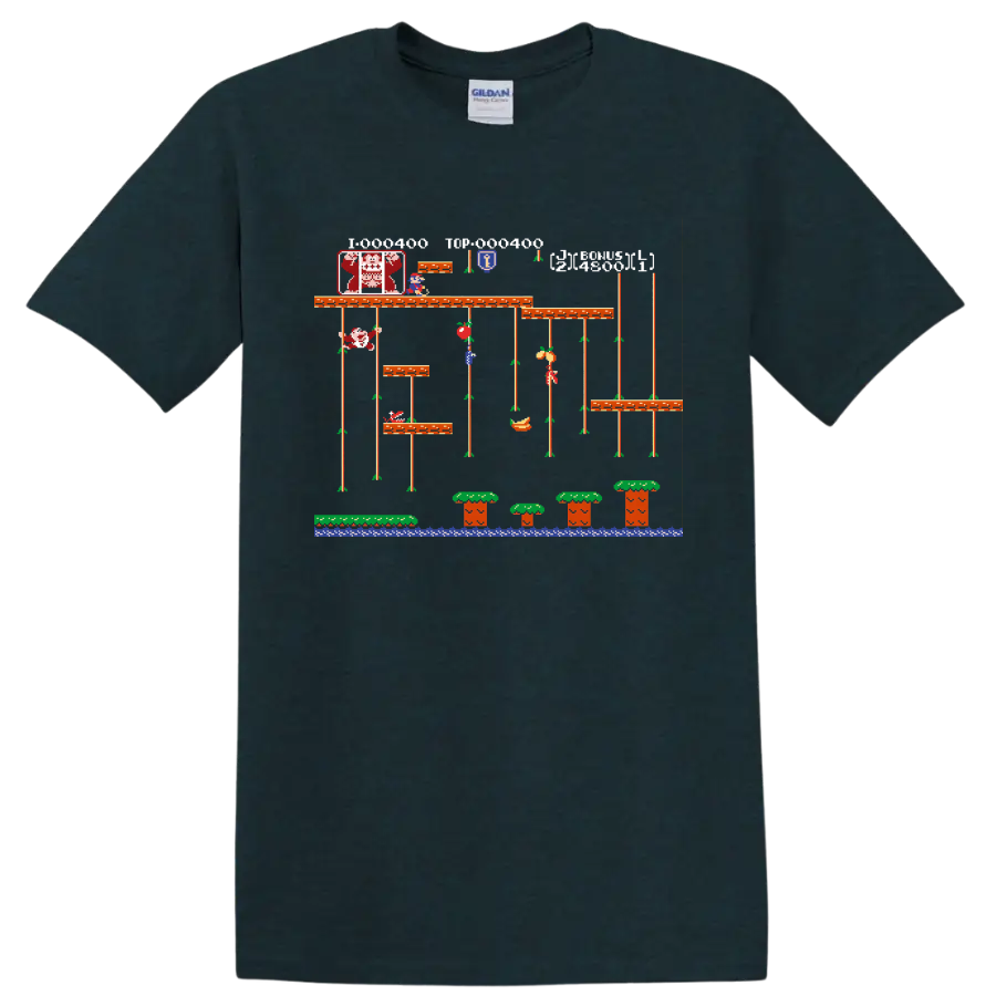 Mario Bros pixel-art platform scene with Mario, Luigi, vines, mushrooms, and water on a Midnight (Green) T Shirt