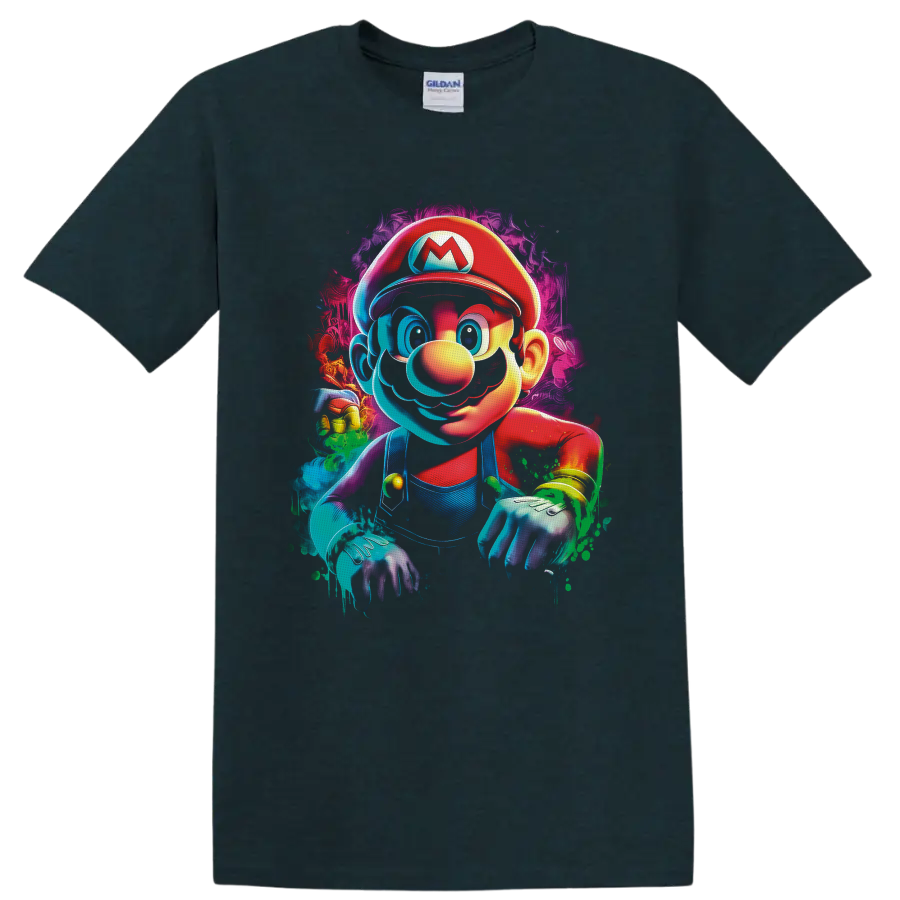 Mario Super Mario Bros neon graffiti character art with colorful paint splashes on a Midnight (Green) T Shirt