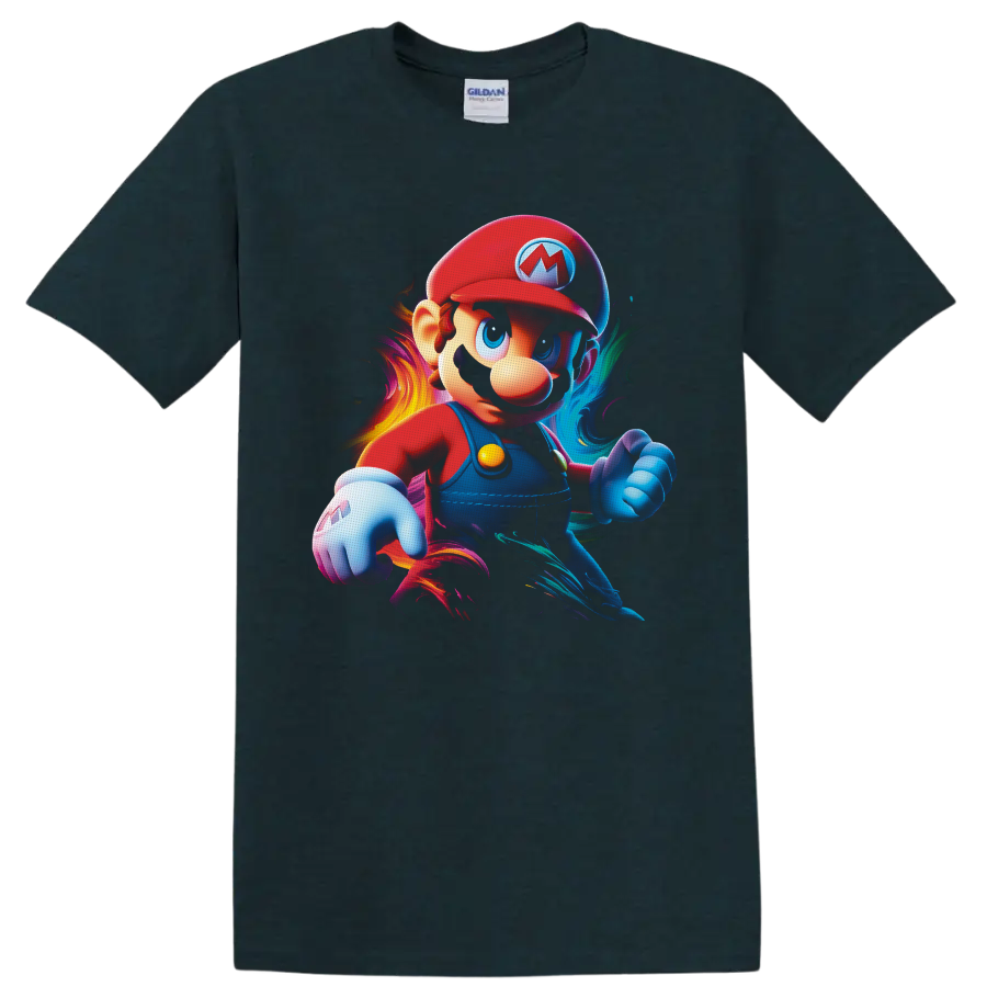 Mario Super Mario Bros action portrait with vivid neon-style color swirls on a Midnight (Green) T Shirt