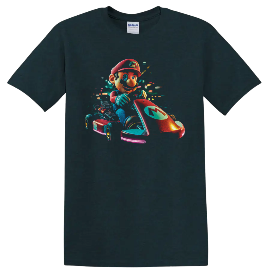Mario racing a red go kart in vibrant neon retro arcade artwork on a Midnight (Green) T Shirt