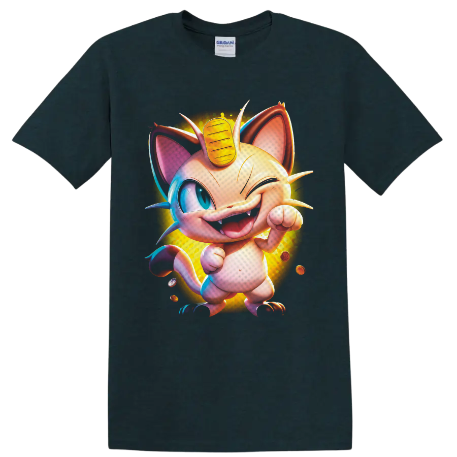 Winking Meowth with forehead coin, floating coins, and glowing cartoon artwork on a Midnight (Green) T Shirt