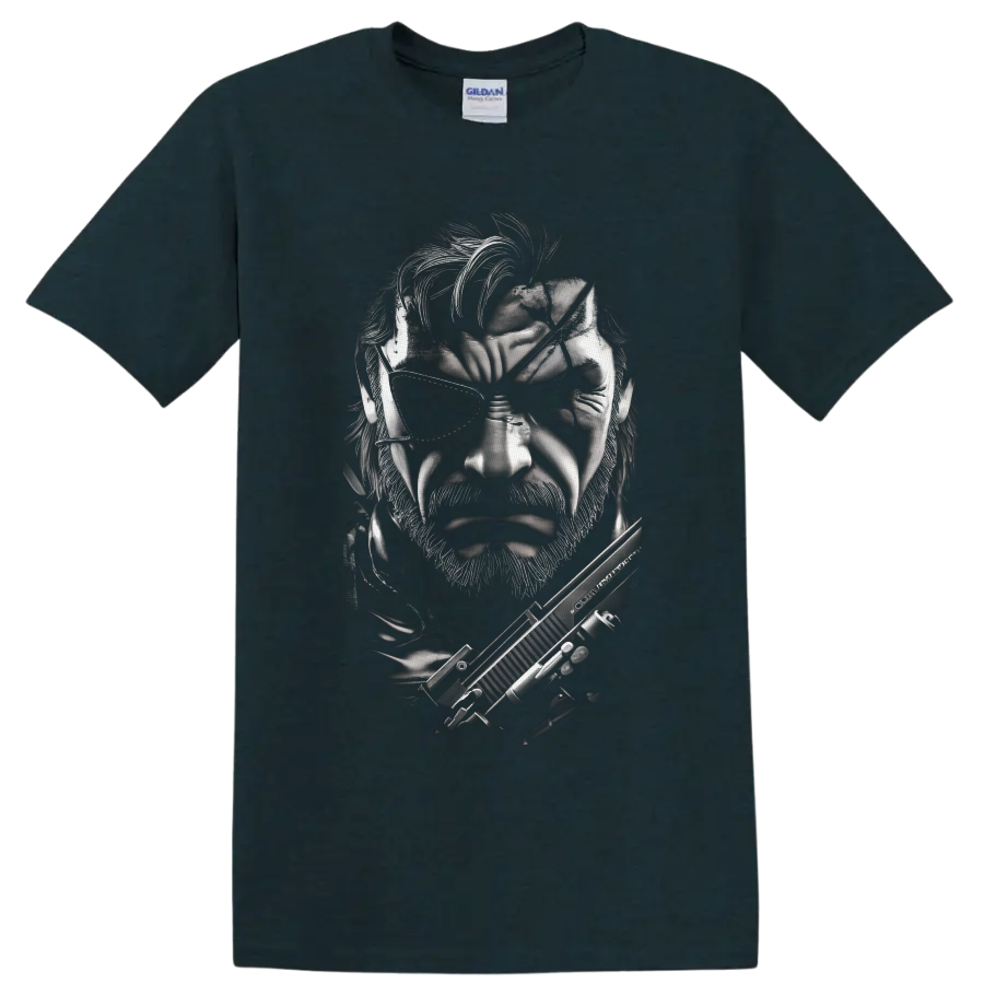 Solid Snake monochrome tactical portrait with eyepatch and rifle on a Midnight (Green) T Shirt