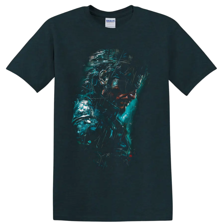 Venom Snake cyberpunk portrait with teal glitch fragments and tactical armor on a Midnight (Green) T Shirt