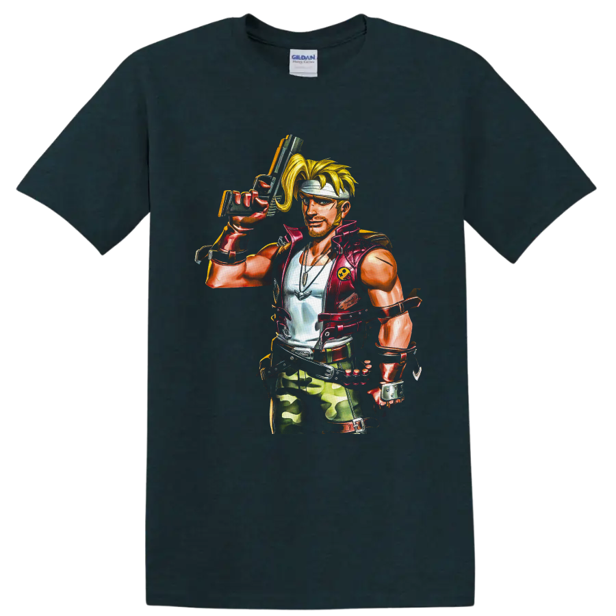 Marco Rossi retro arcade soldier illustration with headband, handgun, vest, and camo gear on a Midnight (Green) T Shirt