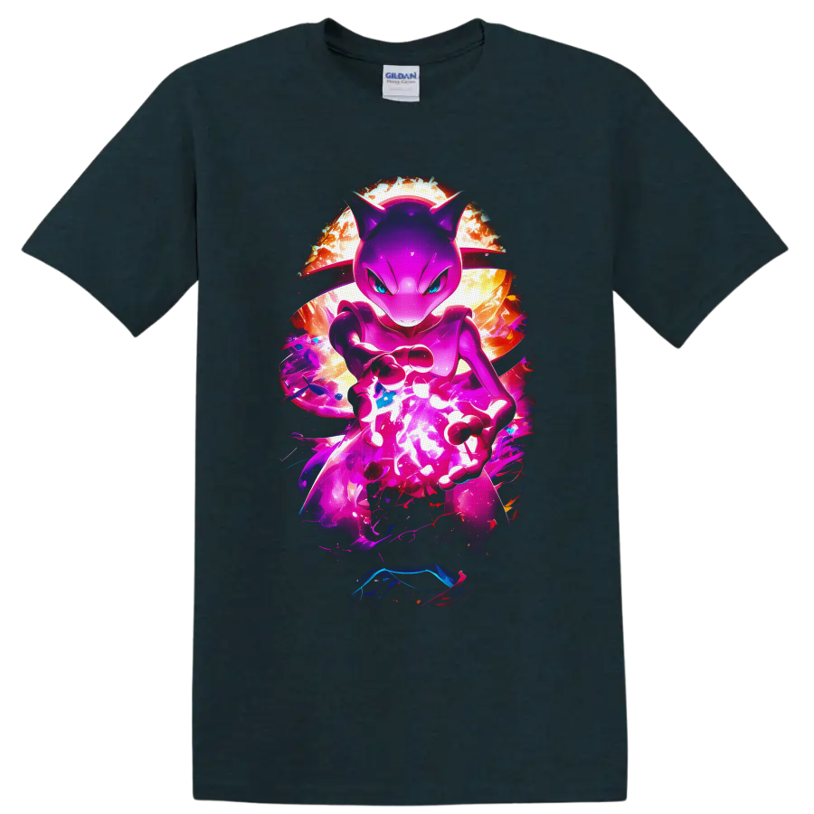 Mewtwo charging a glowing psychic energy orb in neon cosmic anime-style artwork on a Midnight (Green) T Shirt