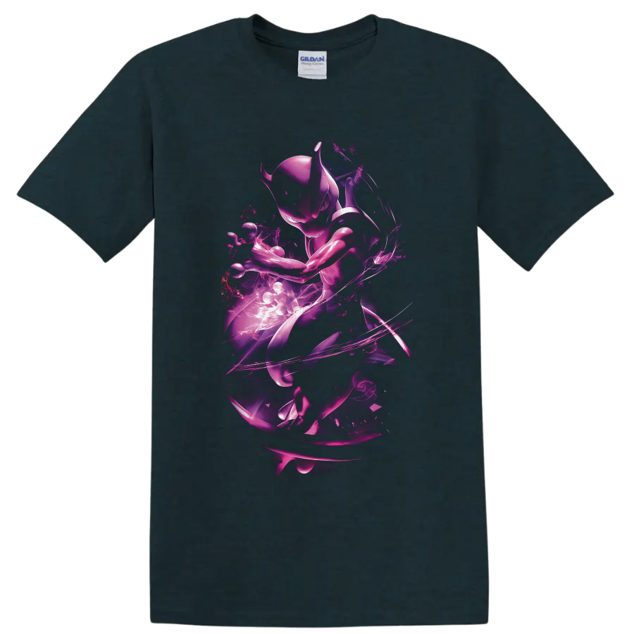 Mewtwo in a purple neon psychic energy aura with swirling light trails on a Midnight (Green) T Shirt