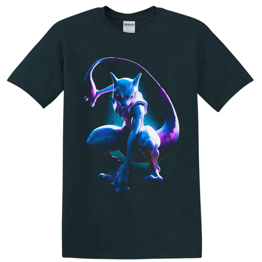 Mewtwo in neon blue and purple psychic aura character art on a Midnight (Green) T Shirt