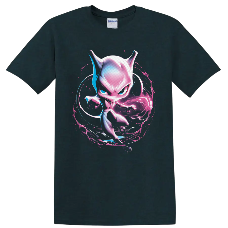 Mewtwo neon psychic energy artwork with pink, violet, and blue swirling aura on a Midnight (Green) T Shirt