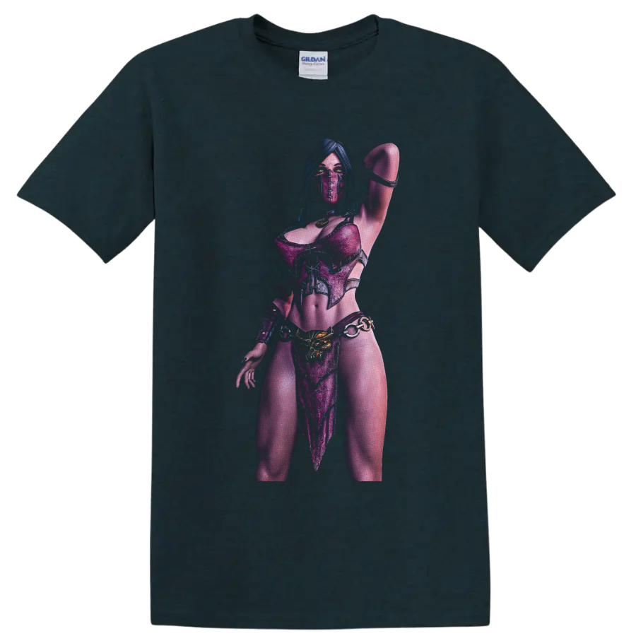Mileena masked warrior in purple armor with glowing eyes and raised-arm pose on a Midnight (Green) T Shirt