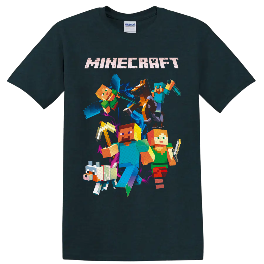 Minecraft Steve and Alex pixel art with wolf, horse, sword, pickaxe, and logo on a Midnight (Green) T Shirt