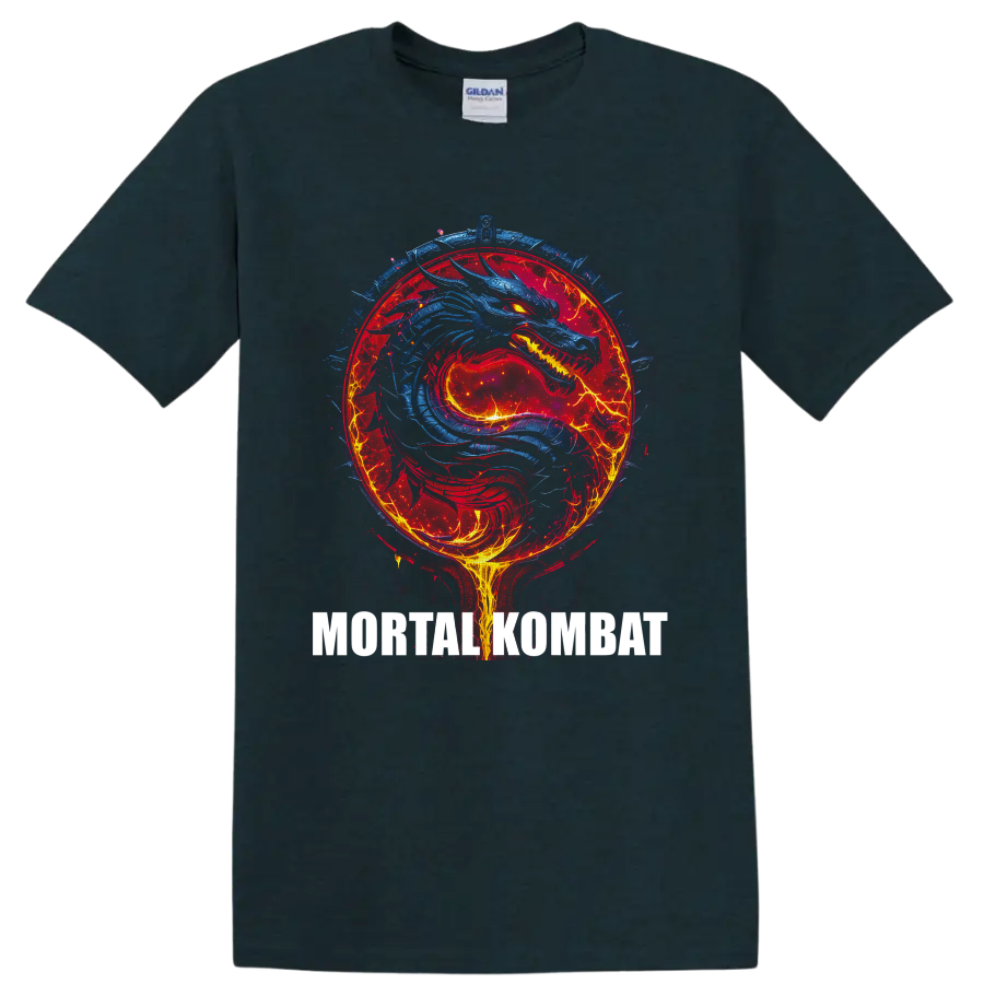 Blue dragon in a fiery red Mortal Kombat emblem with electric fantasy battle art on a Midnight (Green) T Shirt