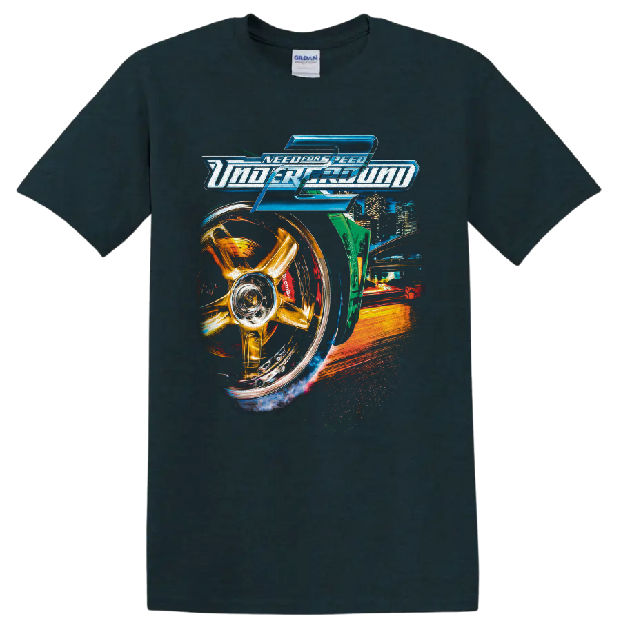 Need for Speed Underground 2 logo with gold wheel, neon city, and street racing artwork on a Midnight (Green) T Shirt