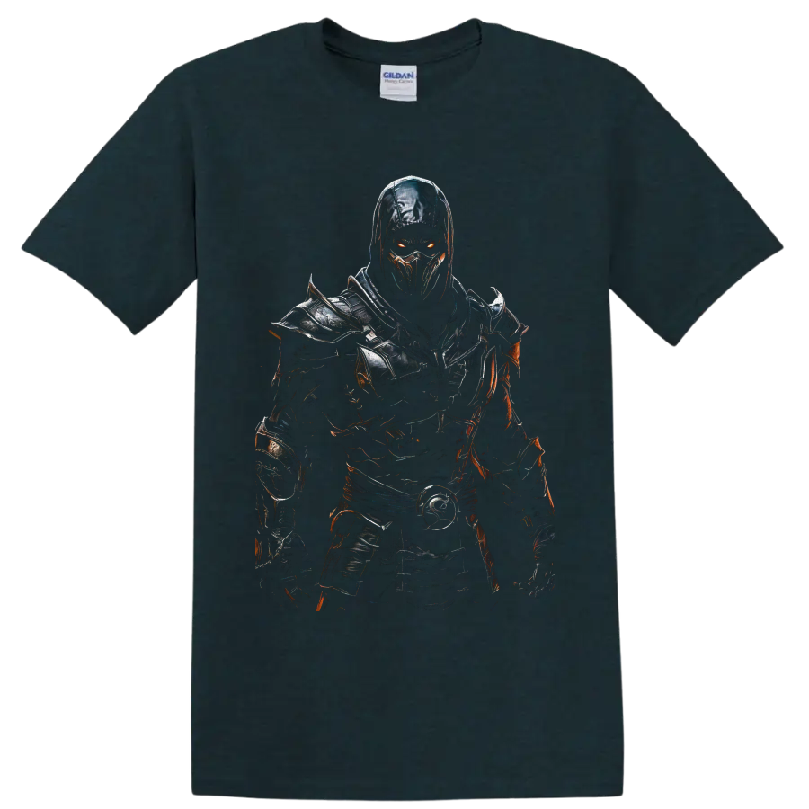 Noob Saibot Mortal Kombat shadow ninja in dark armor with glowing orange eyes on a Midnight (Green) T Shirt