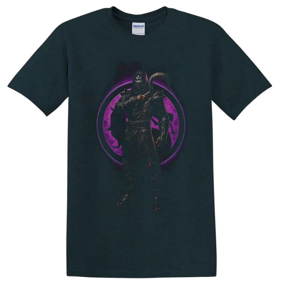 Noob Saibot armored shadow ninja with curved weapon and purple dragon emblem on a Midnight (Green) T Shirt