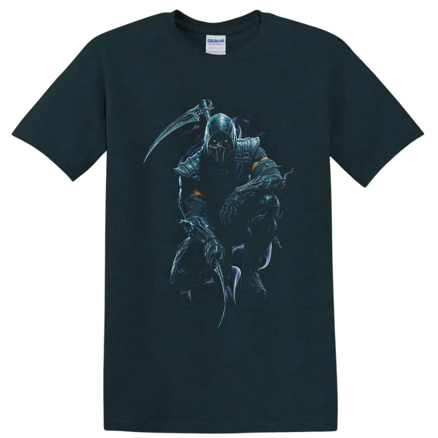 Noob Saibot shadow ninja with scythe, icy blue armor, and spectral smoke on a Midnight (Green) T Shirt
