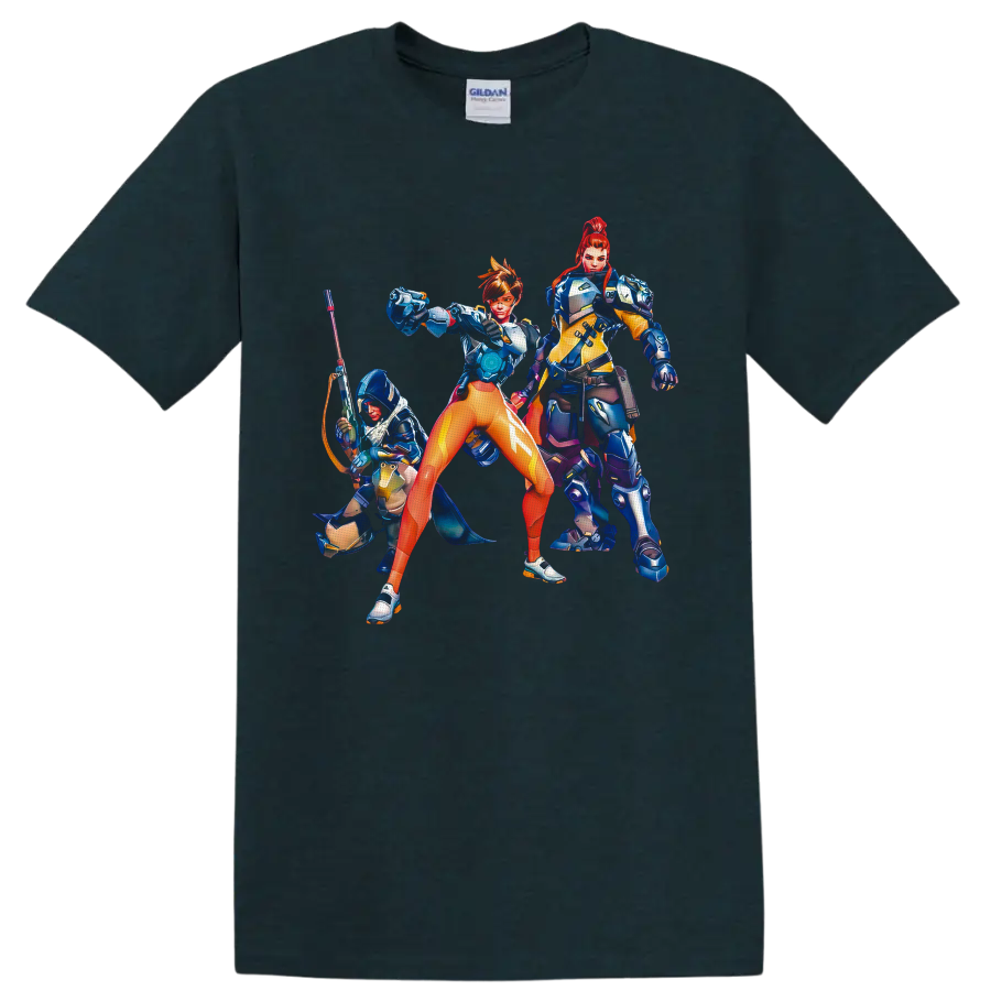 Tracer, Brigitte, and Ana in vivid Overwatch sci-fi hero squad artwork on a Midnight (Green) T Shirt