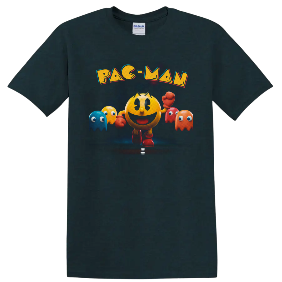 Pac-Man arcade fighter with colorful Ghosts and bold retro lettering on a Midnight (Green) T Shirt