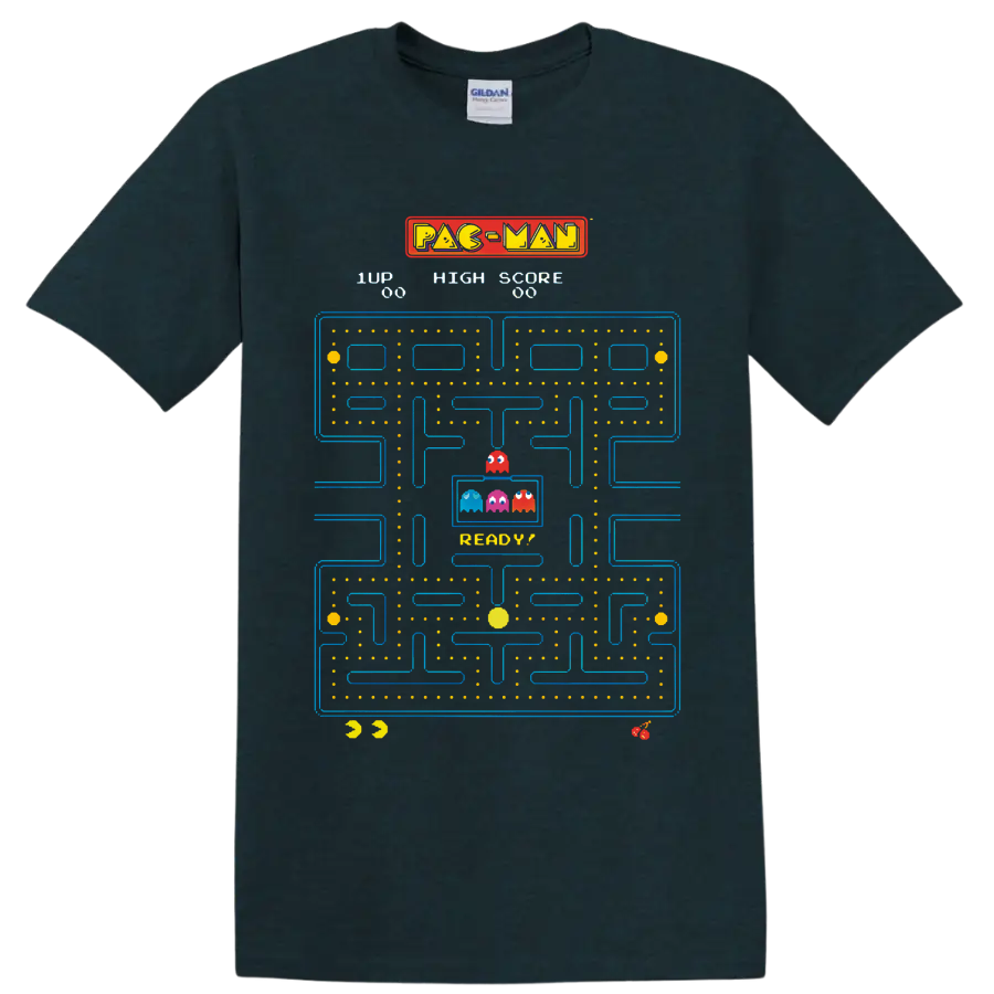 Pac-Man arcade maze with colorful Ghosts, dots, fruit icons, and score graphics on a Midnight (Green) T Shirt