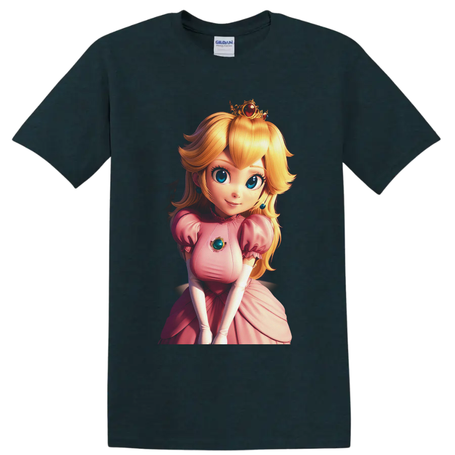Princess Peach anime-style royal portrait with pink gown, jeweled crown, and blue gems on a Midnight (Green) T Shirt