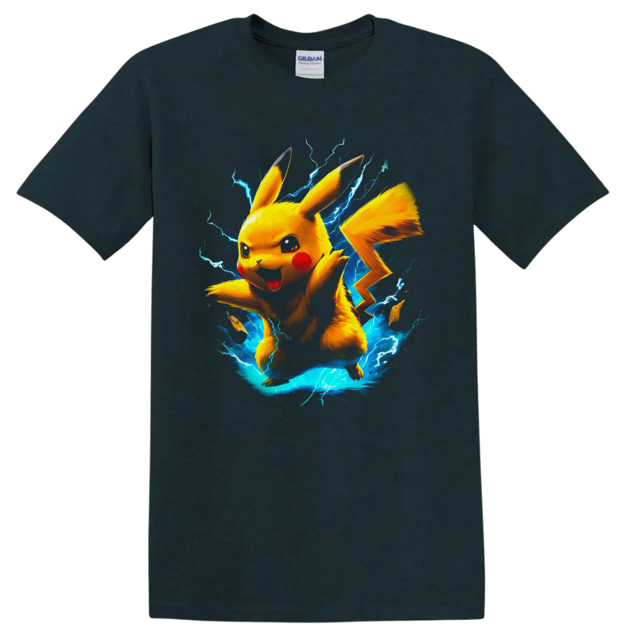 Pikachu with blue lightning in a vivid anime-inspired electric action graphic on a Midnight (Green) T Shirt