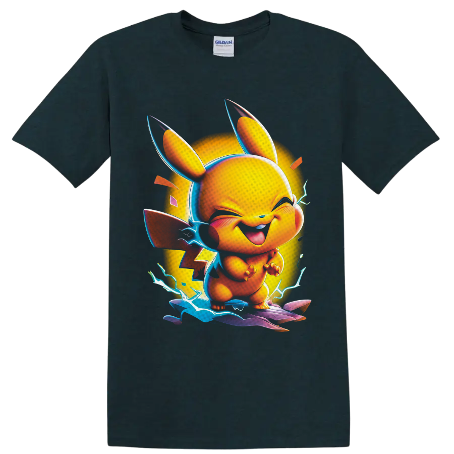 Pikachu neon cartoon with electric lightning, glowing circle, and colorful energy waves on a Midnight (Green) T Shirt
