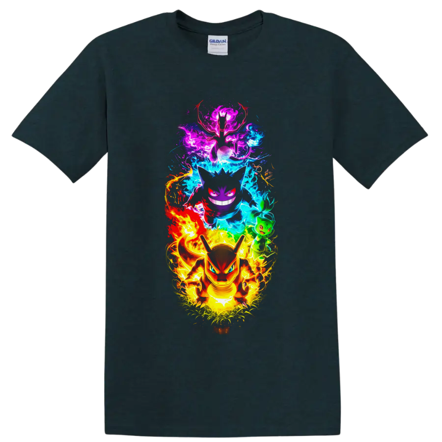 Charizard, Gengar, Mewtwo and Bulbasaur in vivid neon elemental energy art on a Midnight (Green) T Shirt