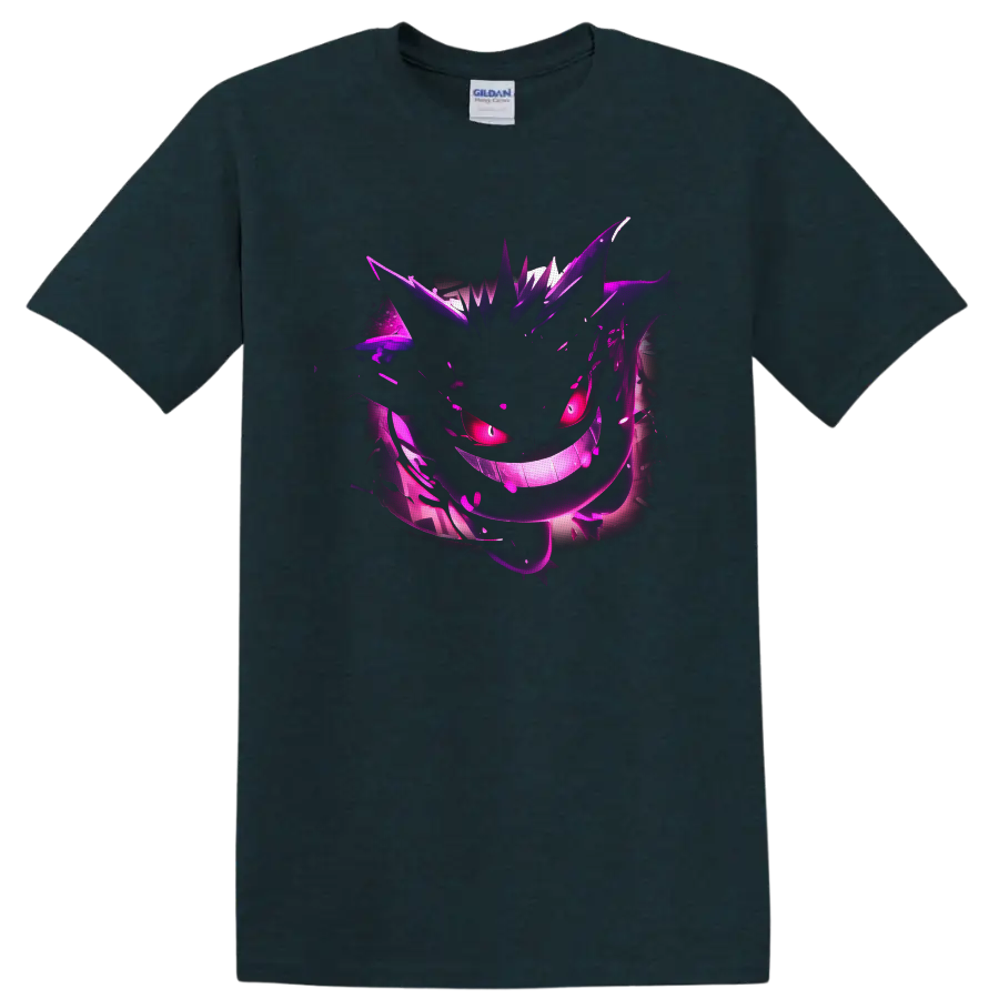 Gengar Pokémon neon purple ghost artwork with glowing eyes and a wide grin on a Midnight (Green) T Shirt