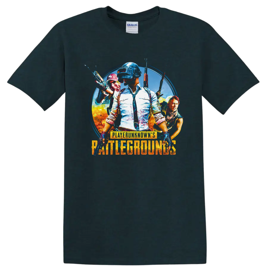 PUBG Battlegrounds helmeted soldier and armed squad action poster graphic on a Midnight (Green) T Shirt