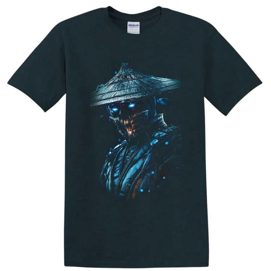 Raiden in rain with glowing blue eyes, straw hat, and dark fantasy armor on a Midnight (Green) T Shirt