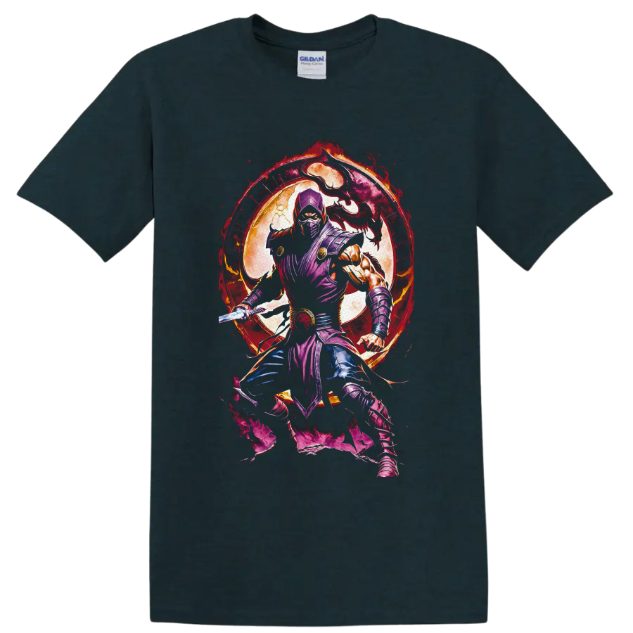 Rain purple ninja with sword, dragon silhouette, full moon, and fiery portal on a Midnight (Green) T Shirt