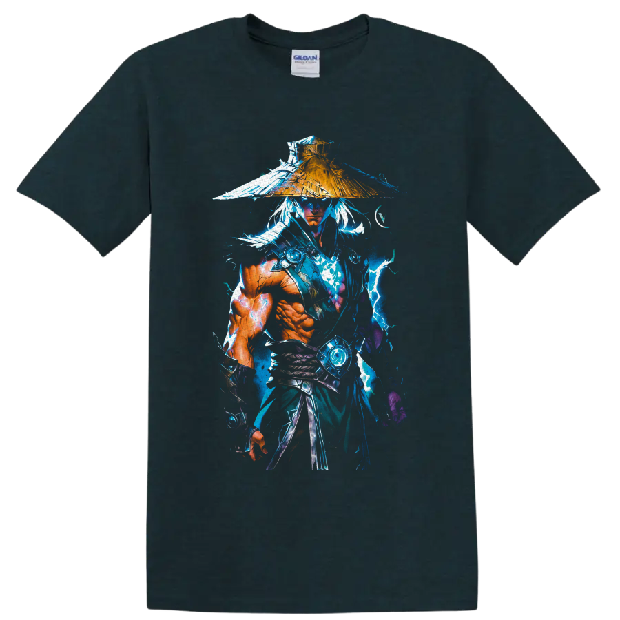 Raiden in straw hat with blue lightning, rain splashes, and anime-inspired warrior art on a Midnight (Green) T Shirt