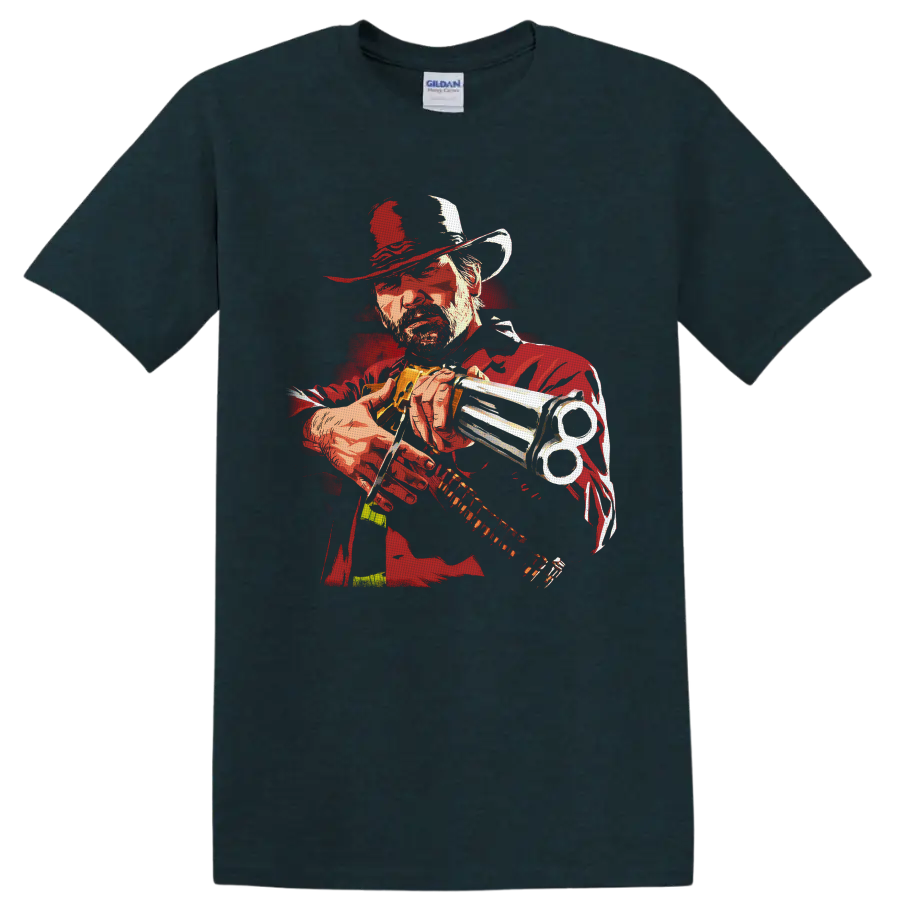 Arthur Morgan revolver portrait in distressed red western illustration style on a Midnight (Green) T Shirt