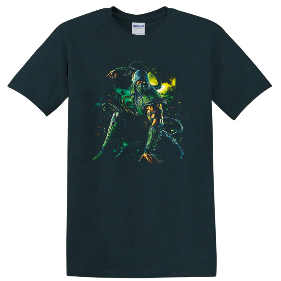 Reptile Mortal Kombat cyber ninja with glowing eyes, claws, and coiled tail on a Midnight (Green) T Shirt