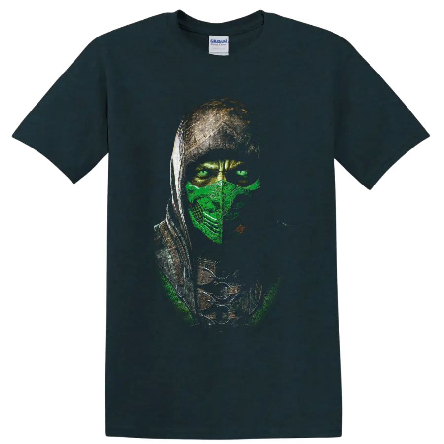 Reptile Mortal Kombat masked green ninja warrior portrait in distressed graphic style on a Midnight (Green) T Shirt