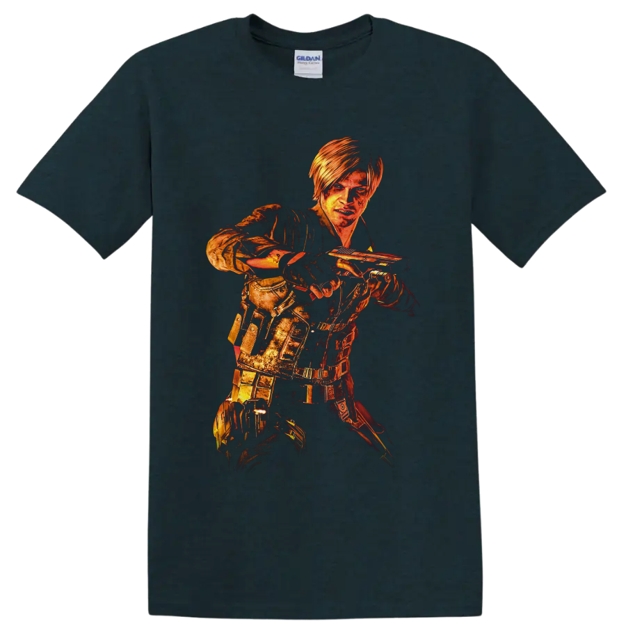 Leon Kennedy Resident Evil 6 fiery distressed tactical handgun action artwork on a Midnight (Green) T Shirt