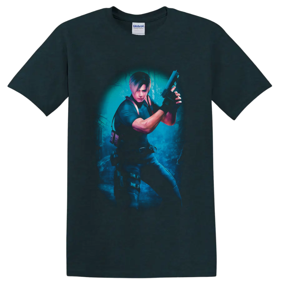 Leon Kennedy tactical action artwork in a misty blue survival-horror forest on a Midnight (Green) T Shirt