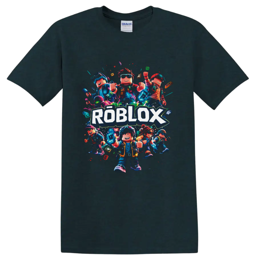 Roblox Characters neon block-avatar squad graphic with bold ROBLOX lettering on a Midnight (Green) T Shirt