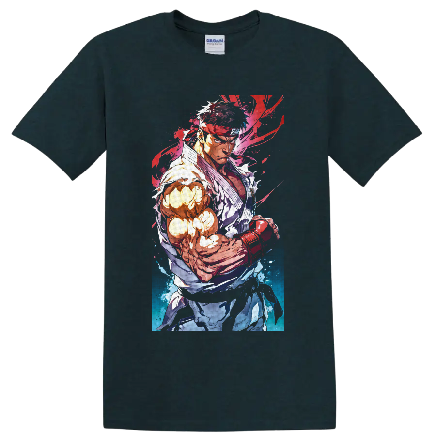 Ryu Street Fighter martial arts fighter in vibrant red and blue watercolor anime style on a Midnight (Green) T Shirt