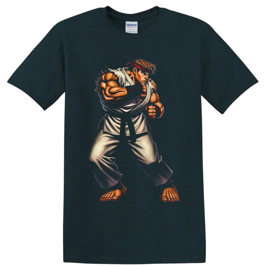 Ryu Street Fighter martial arts warrior in retro arcade illustration on a Midnight (Green) T Shirt
