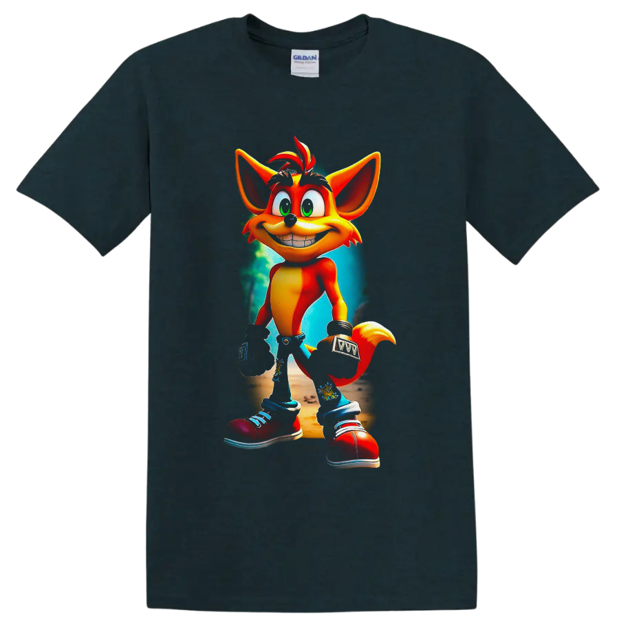 Crash Bandicoot cartoon character with a teal jungle-style background on a Midnight (Green) T Shirt