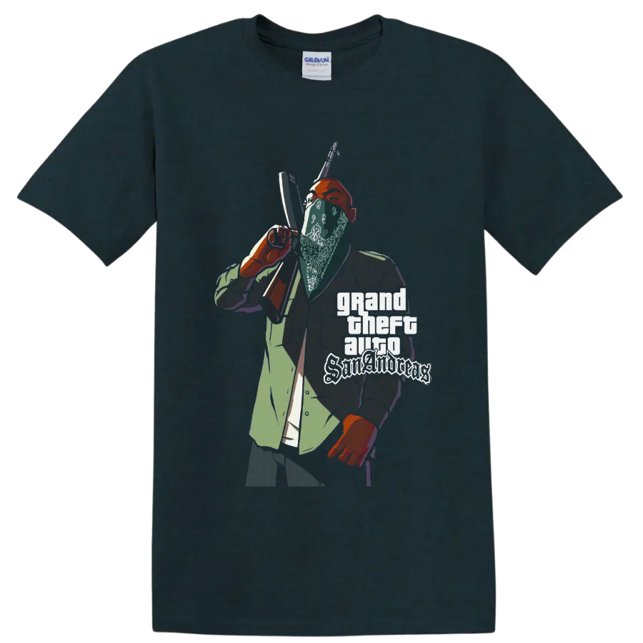Grand Theft Auto San Andreas gangster illustration with rifle and stacked logo text on a Midnight (Green) T Shirt