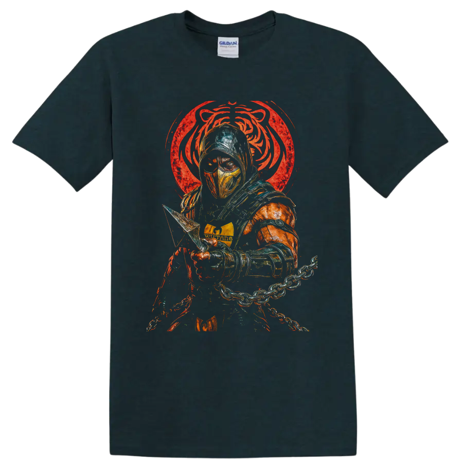 Scorpion masked ninja with spear chain and distressed red dragon emblem on a Midnight (Green) T Shirt