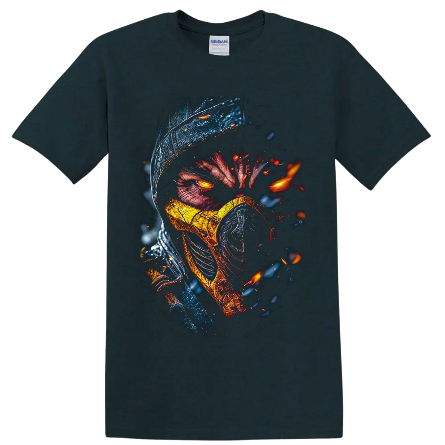 Scorpion in a hood and gold mask with glowing eyes and fiery embers on a Midnight (Green) T Shirt