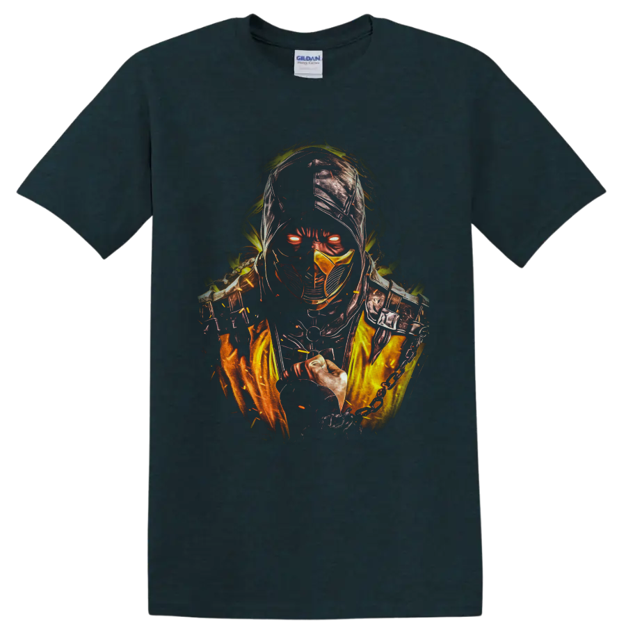 Scorpion Mortal Kombat fiery hooded ninja graphic with glowing eyes and chain weapon on a Midnight (Green) T Shirt